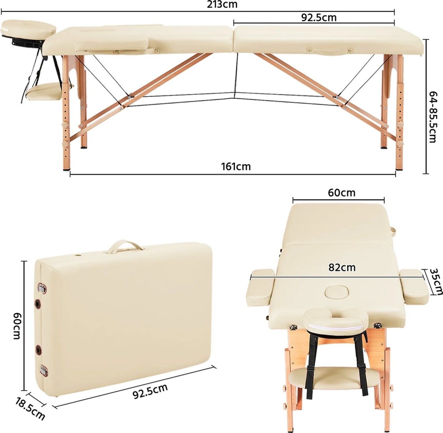 Yaheetech Table de massage pliante - 213 x 82 x 64-85,5 cm - équipée de pieds en hêtre, d'un appui-tête réglable et d'un sac de transport - pour les salons de beauté et les studios de massage - en simili-cuir et bois de couleur crème