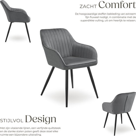 tectake® - Chaise en velours à motif surpiqué - Chaise de salle à manger moderne - Chaise baquet - Pour le salon, la salle à manger, le coin détente ou comme chaise de coiffeuse - Différentes couleurs - Gris/noir