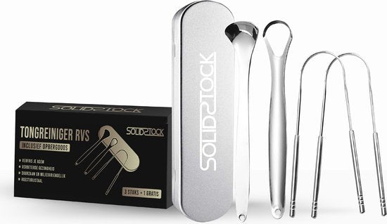 SolidStock Professional Tongue Scraper - 5 in 1 Set - For Oral Care - Tongue Cleaner - Tongue Brush - Ayurveda - stainless steel