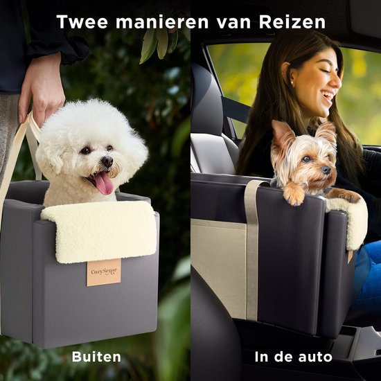 CozySense® Siège auto pour chien - Panier auto pour chien avec housse lavable - Pour petit chien - S'adapte à la console centrale - Sert également de sac de transport - Noir/Beige