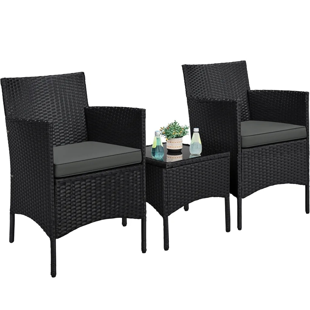 Yaheetech Garden Set 3-Piece - Rattan - Balcony Set - Chairs - Table Black/Grey