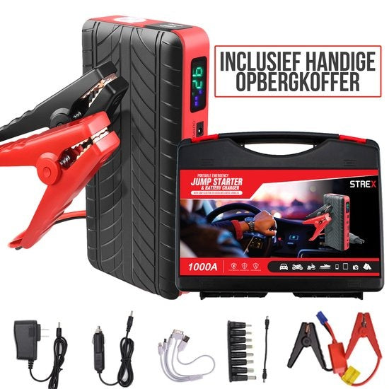 Démarreur de voiture - Strex - 12V J– 1000A / 18 000 mAh – avec powerbank, lampe de poche LED et lumière SOS d'urgence – Avec mallette de rangement