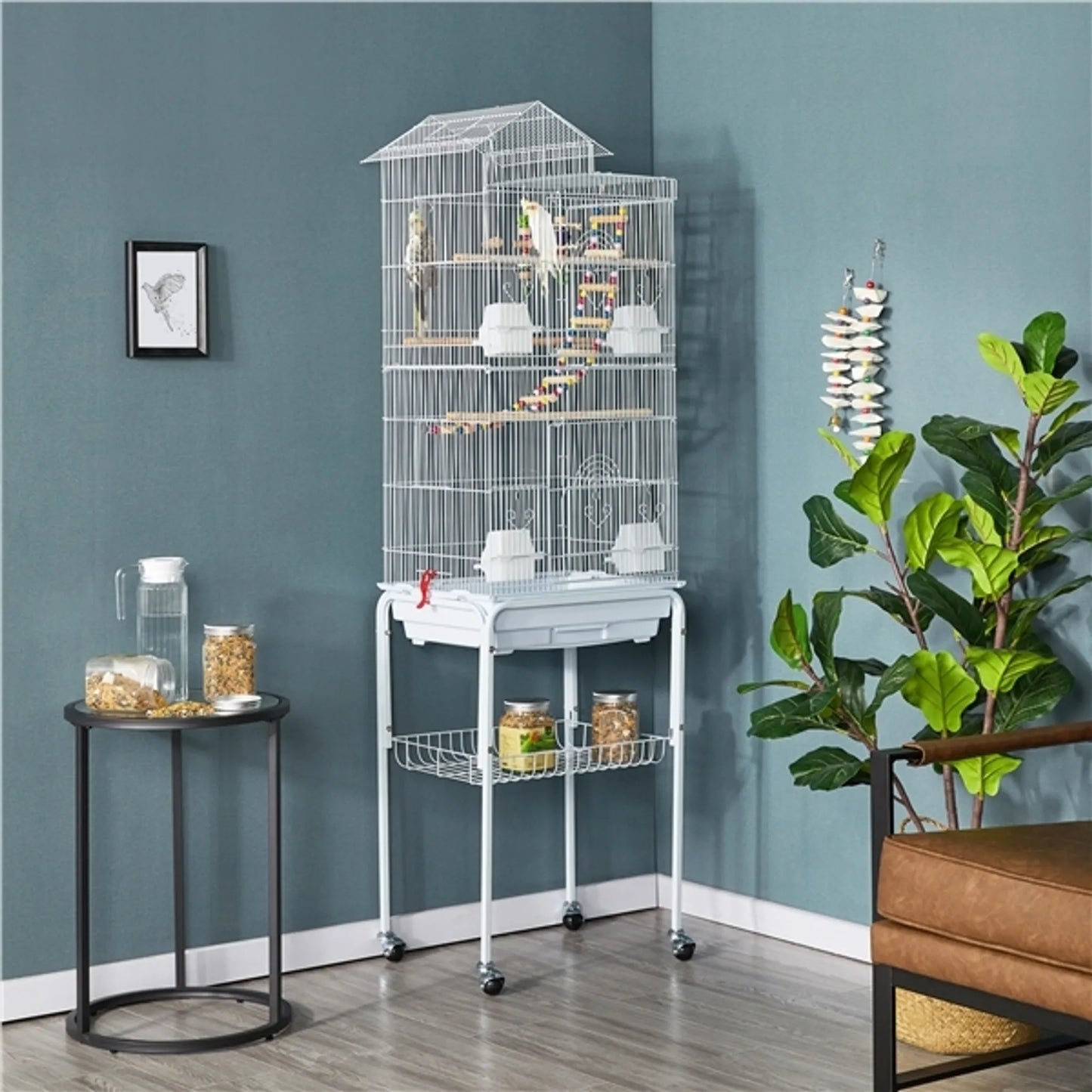 Yaheetech Cage à oiseaux avec base mobile - équipée de barreaux de 10 mm, d'un tiroir inférieur amovible et d'un ensemble de jouets - pour perruches et canaris - métal peint en blanc - 46 x 35,5 x 158,5 cm