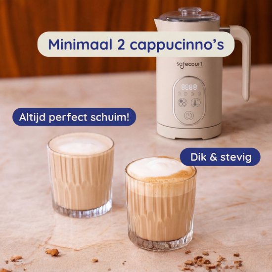 Safecourt kitchen Mousseur à lait électrique - 100% sans PFAS - Affichage et contrôle de la température - 4 en 1 - 350ml - Beige