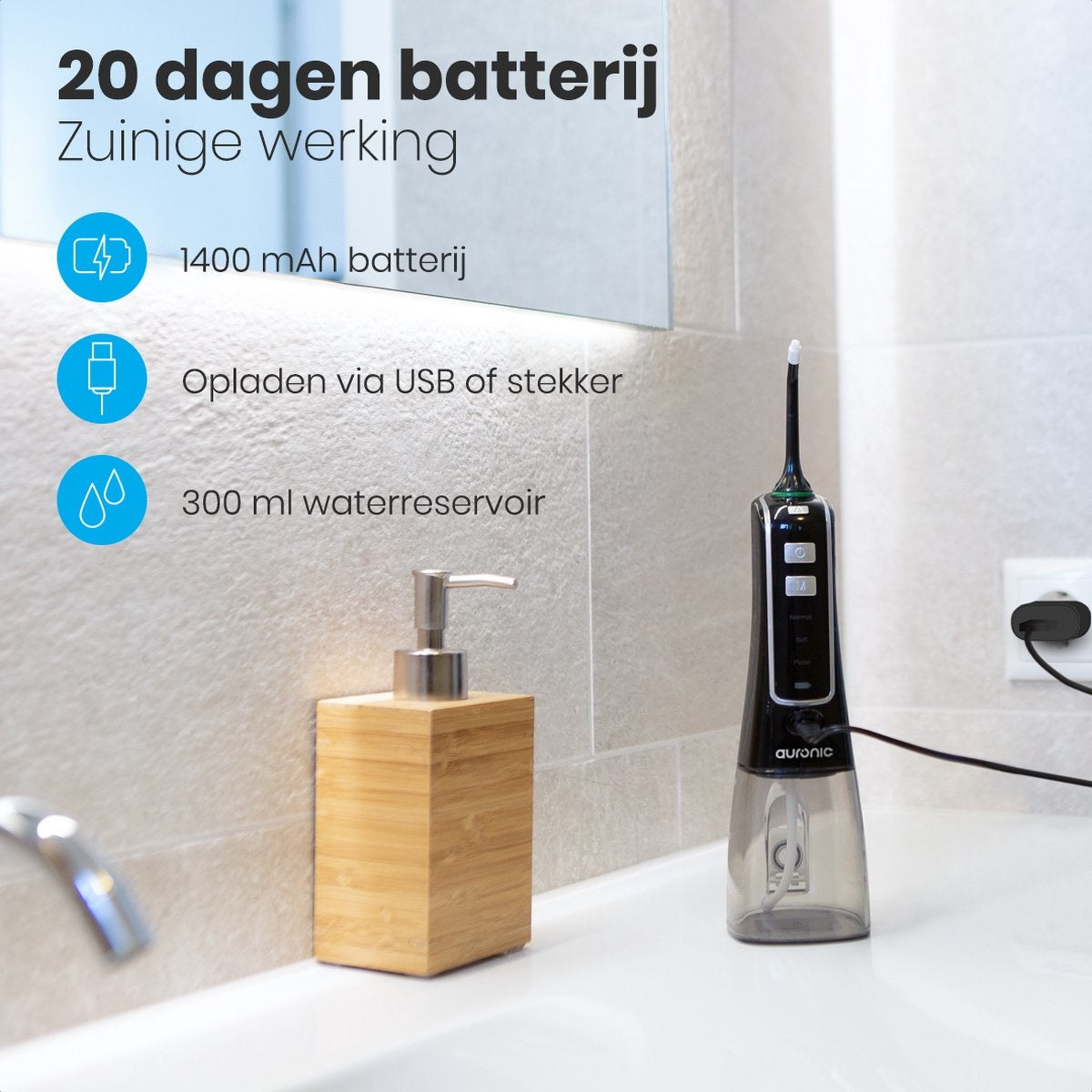 Auronic Water Flosser - électrique - bain de bouche - 3 étapes - 4 buses - 300 ml - noir