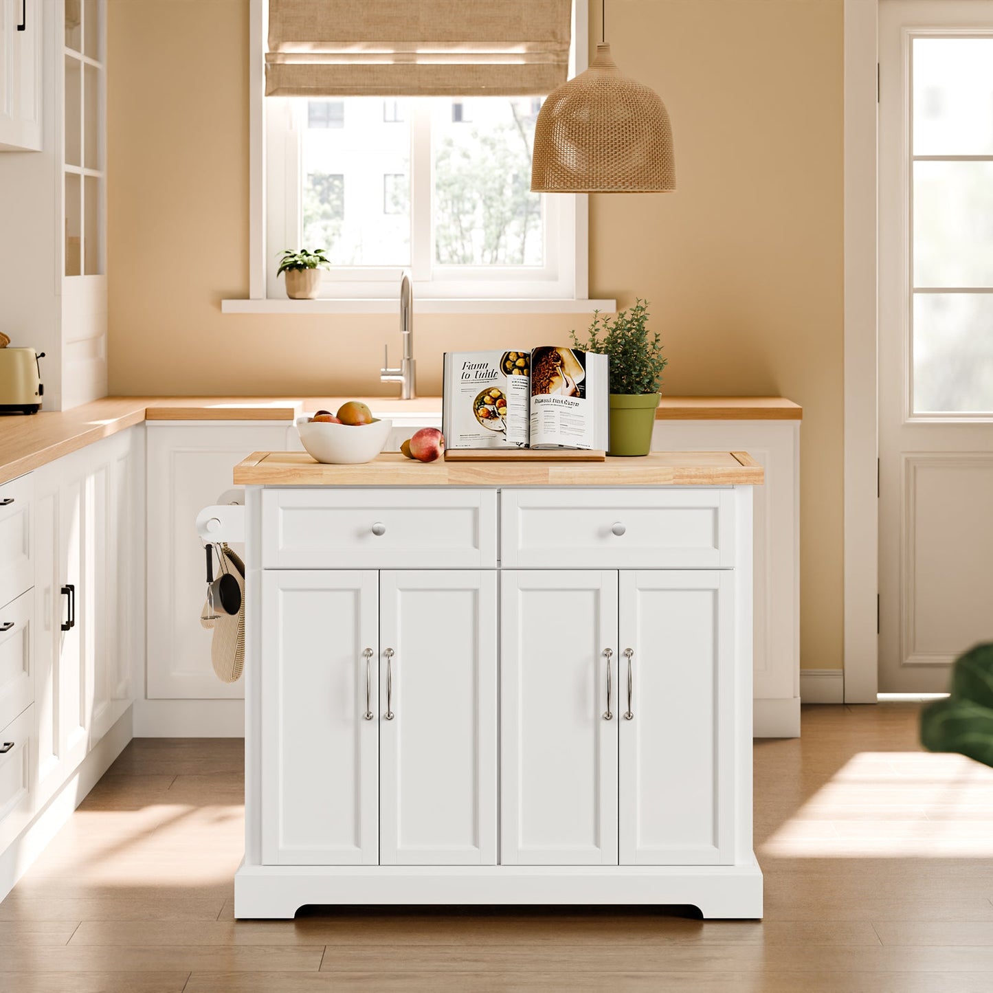SoBuy FKW71-WN Chariot de cuisine avec plan de travail extensible - Blanc/Naturel - Chariot de service / Îlot de cuisine