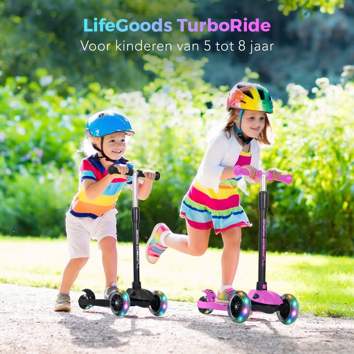 LifeGoods TurboRide Kids' Scooter - Step 5-8 Years - 3 Luminous Wheels - Boys/Girls - Black