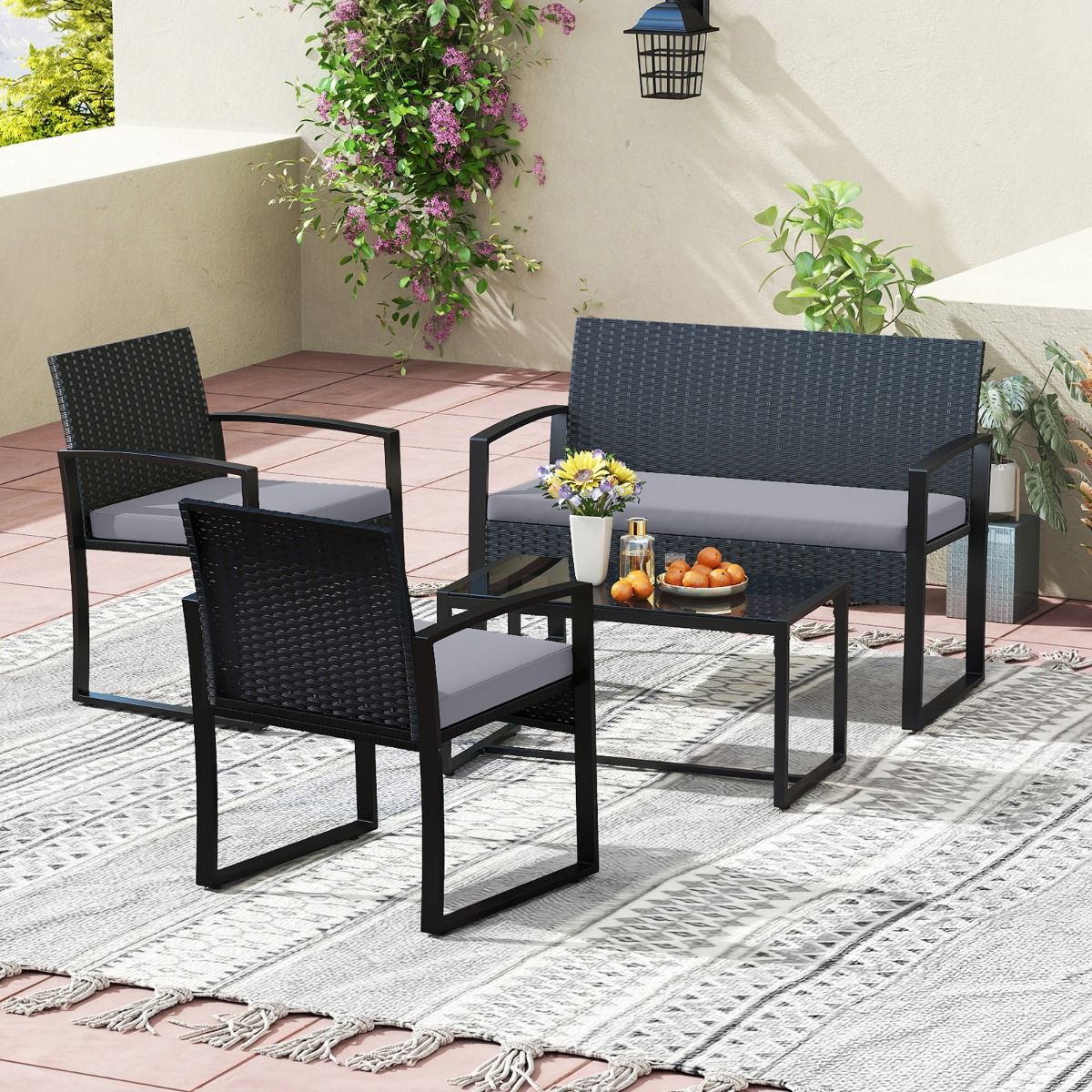 Ensemble de jardin Coast pour 4 personnes – comprenant une table en verre, un canapé 2 places et 2 fauteuils – gris