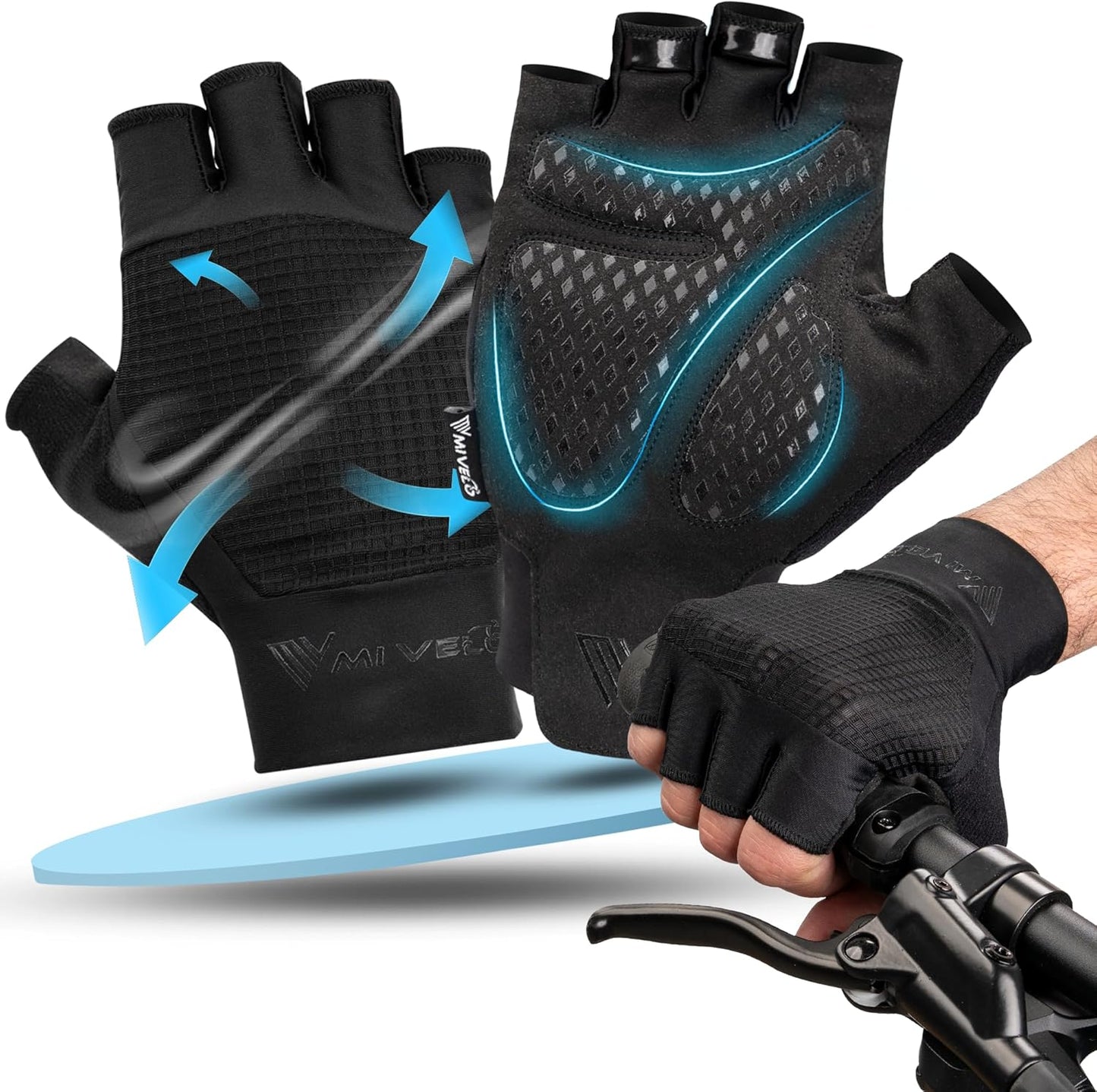 MIVELO Gants de cyclisme rembourrés - Modèle d'été - Respirant et sans doigts - Forte adhérence - Noir - Taille M
