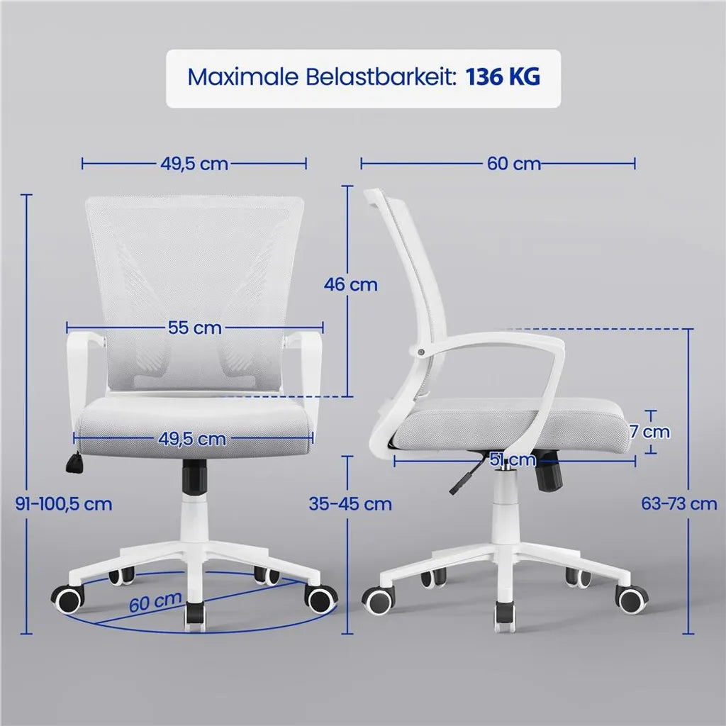 Chaise de bureau ergonomique Yaheetech, réglable, en maille, gris clair