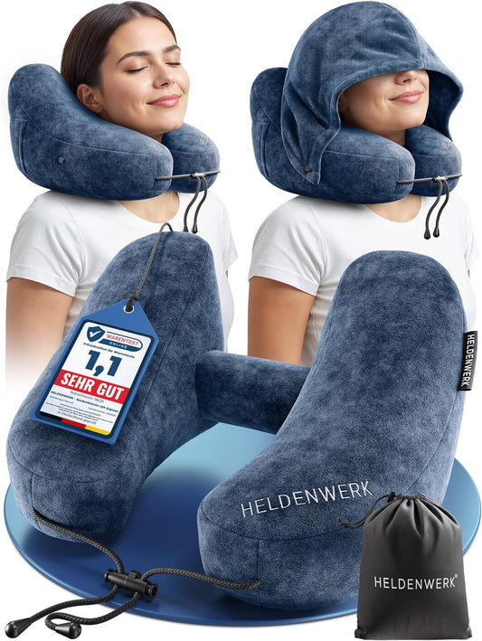 Oreiller gonflable pour la nuque Heldenwerk Premium Air - Bleu foncé - Avec capuche et bouchons d'oreille