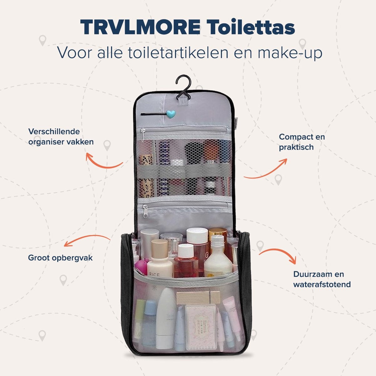 TRVLMORE Trousse de toilette voyage - trousse de maquillage - Suspension avec crochet - Unisexe - Noir