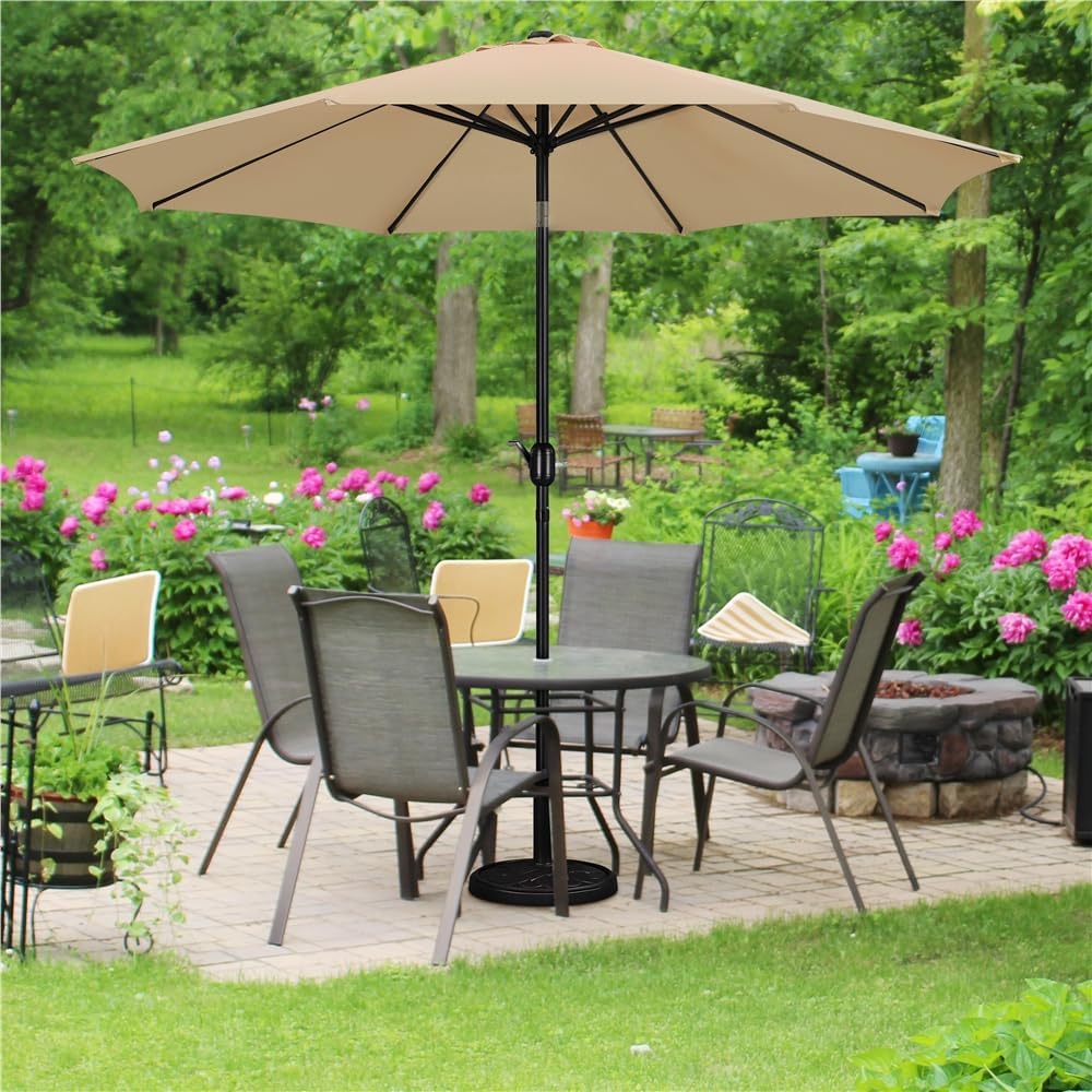 Parasol de jardin de 300 cm avec 8 baleines, manivelle et ouverture d'aération, couleur kaki