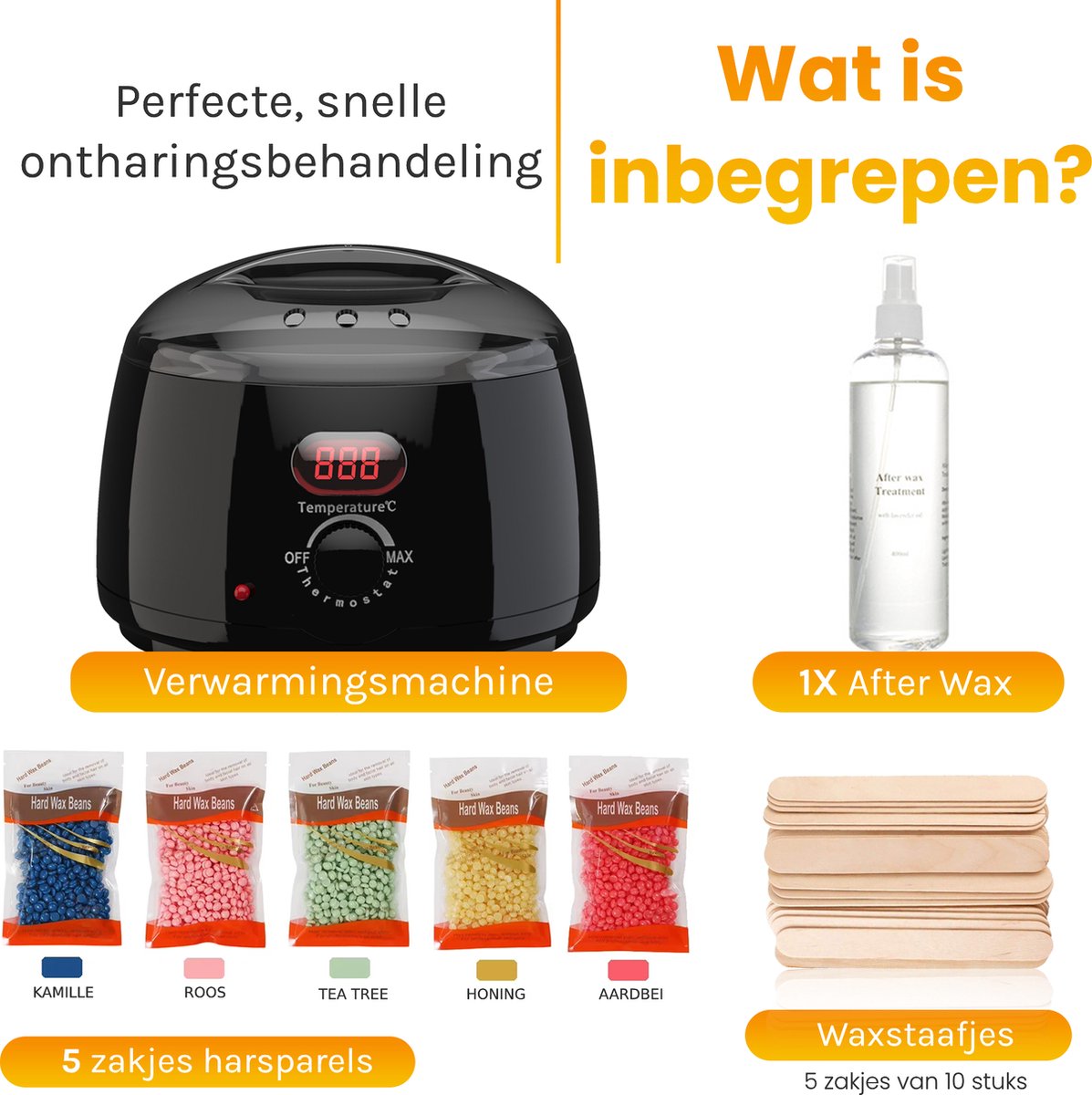 Appareil à cire Bolusso - Set d'épilation - NOUVEAU modèle - 5 sortes de haricots 500 grammes - 50 bâtonnets de cire - Afterwax gratuit - Chauffe-cire - Appareil d'épilation - Chauffe haricots de cire - Set d'épilation - Set de cire