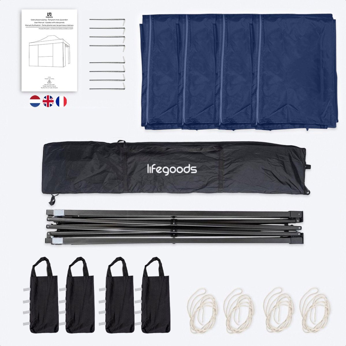 Tente de réception, LifeGoods, 3x4.5 m, Facile à monter, Pliable, Imperméable - Sac de transport à roulettes - Bleu foncé