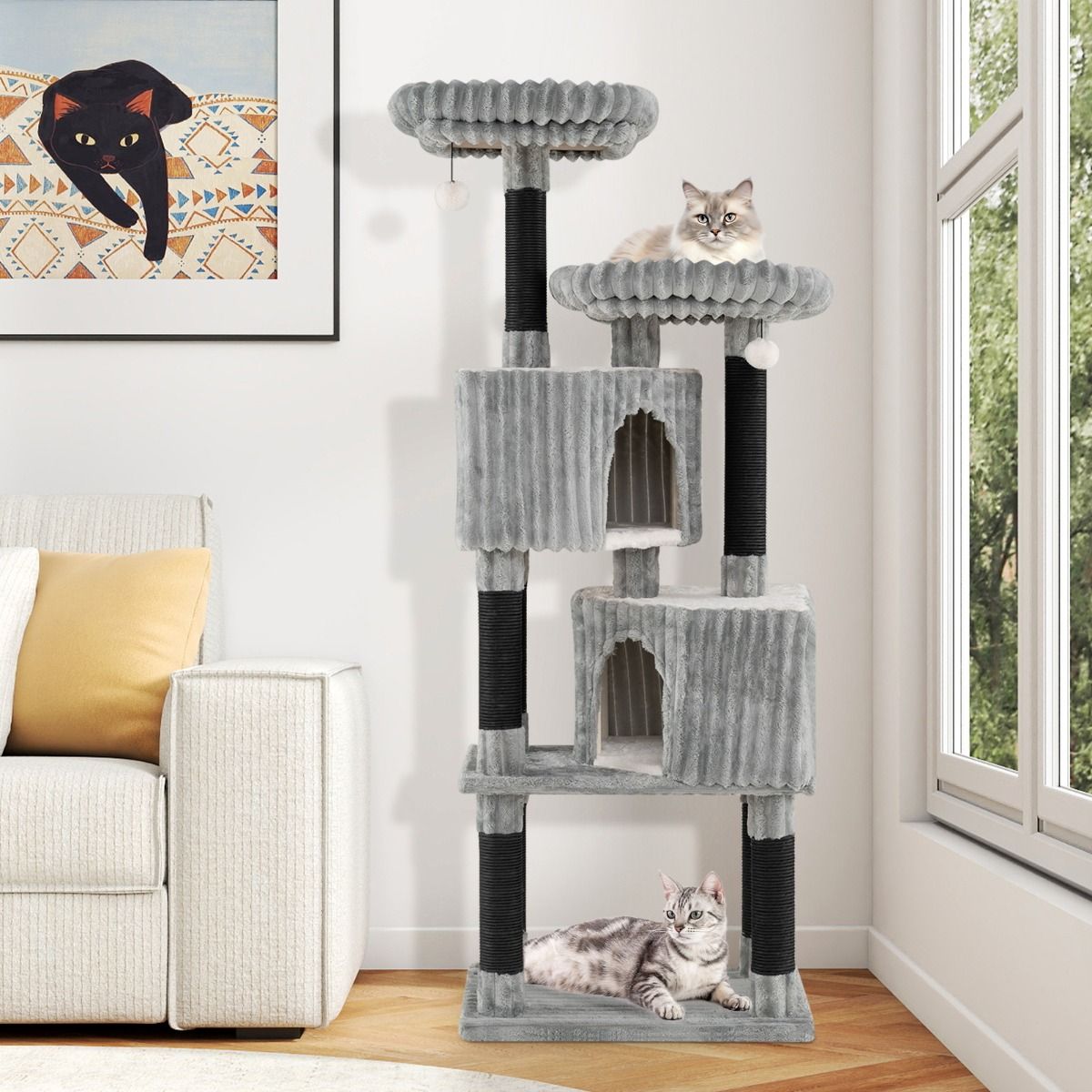 Arbre à chat Coast - 2 niches douillettes - 2 espaces de repos - gris clair - 156 cm