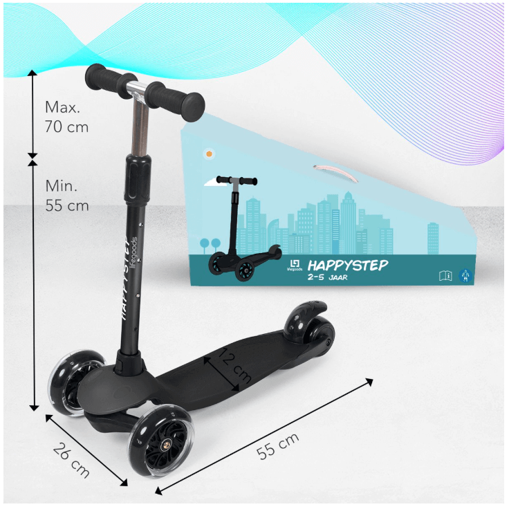 Scooter pour enfants LifeGoods HappyStep - Étape 2-5 ans - 3 roues lumineuses - Garçons/Filles - Noir