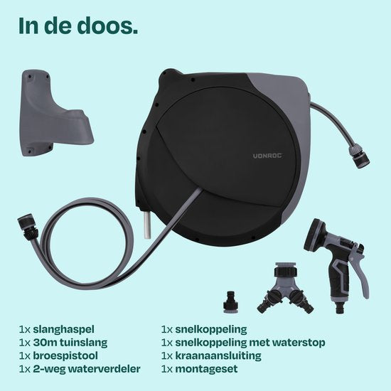 Enrouleur de tuyau automatique VONROC – boîtier mural – Avec tuyau d'arrosage haut de gamme de 30 m, pistolet d'arrosage à 8 jets et raccords – noir/gris