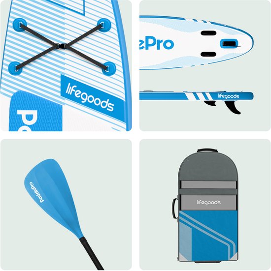 LifeGoods PaddlePro SUP Board Pro - Pro Set - Planche à pagaie gonflable - Max. 150KG - 320x81cm - Bleu ciel