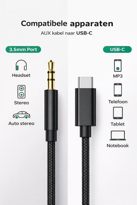 Câble JUALL USB-C vers AUX - USB-C vers prise jack 3,5 mm - Câble audio pour voiture - AUX vers USB-C - 1 mètre - Tressé noir
