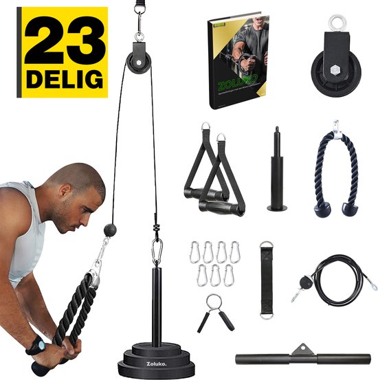Zoluko Home Fitness Cable System 23-Piece Set - Incl. E-book - Station de musculation pour le sport à domicile - Incl. Triceps Rope, Biceps Rod and Handles - 100kg Carrying Capacity - Easy Attachment - Strength Training - Lat Pulley - Home Gym - Black/Sil