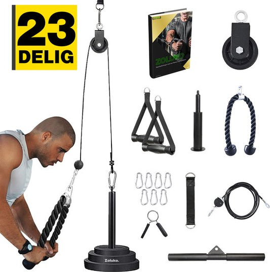 Zoluko Home Fitness Cable System 23-Piece Set - Incl. E-book - Station de musculation pour le sport à domicile - Incl. Triceps Rope, Biceps Rod and Handles - 100kg Carrying Capacity - Easy Attachment - Strength Training - Lat Pulley - Home Gym - Black/Sil