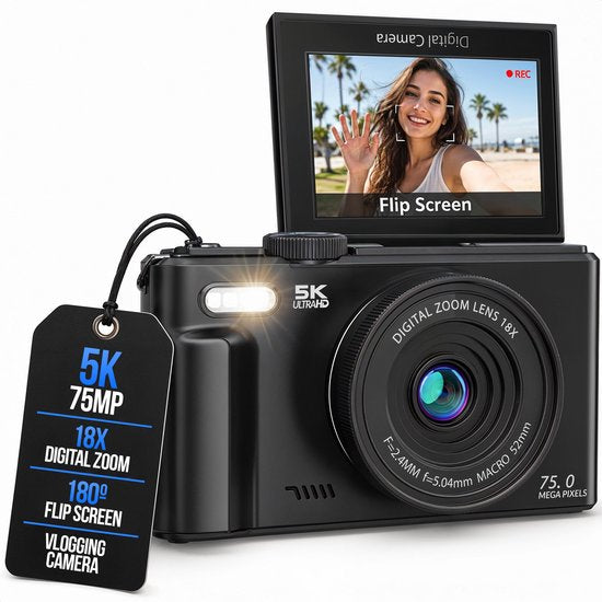 Appareil photo numérique Strex 5K 75 MP - Appareil photo - Appareil photo compact avec Wi-Fi - Appareil photo pour vlog - Appareil photo pour enfants - Zoom 18x - Écran orientable - Noir