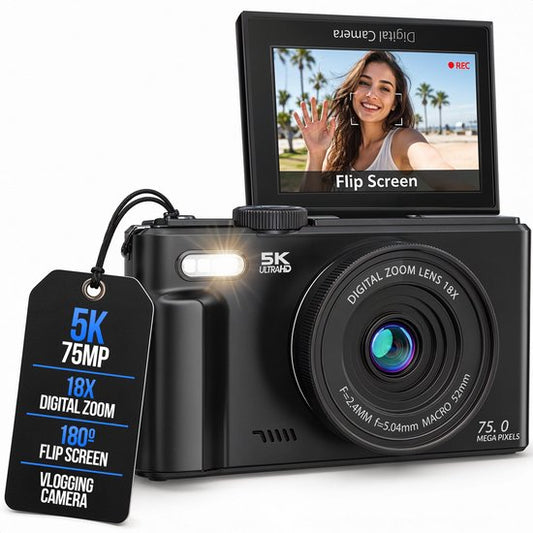 Appareil photo numérique Strex 5K 75 MP - Appareil photo - Appareil photo compact avec Wi-Fi - Appareil photo pour vlog - Appareil photo pour enfants - Zoom 18x - Écran orientable - Noir