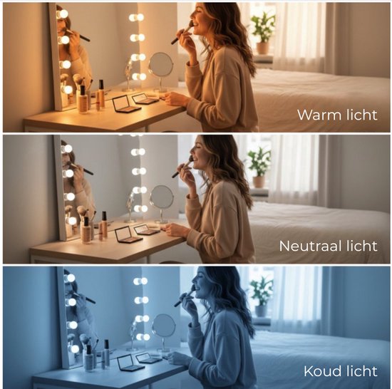 Miroir OMNIEXA Hollywood 58 × 46 cm – 15 ampoules LED – 3 couleurs de lumière – Intensité réglable – Grossissement 10x – USB-C – Miroir de maquillage – Miroir de coiffure – Coiffeuse – Blanc