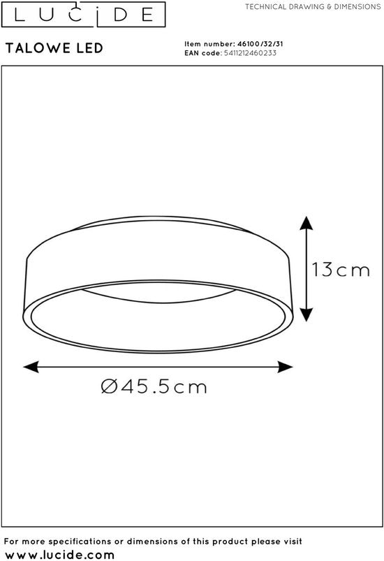 Lucide TALOWE LED - Plafonnier - Ø 45,5 cm - LED à intensité variable - 1x30 W 3000 K - Blanc