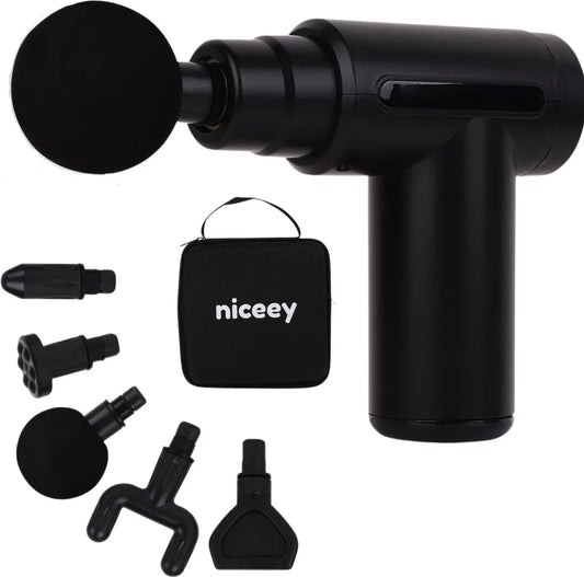 Niceey Massage Gun Mini - Puissant - Sans fil - 5 accessoires - Appareil de massage - Pistolet de massage - Appareil de massage sportif et relaxant - Avec étui - Noir