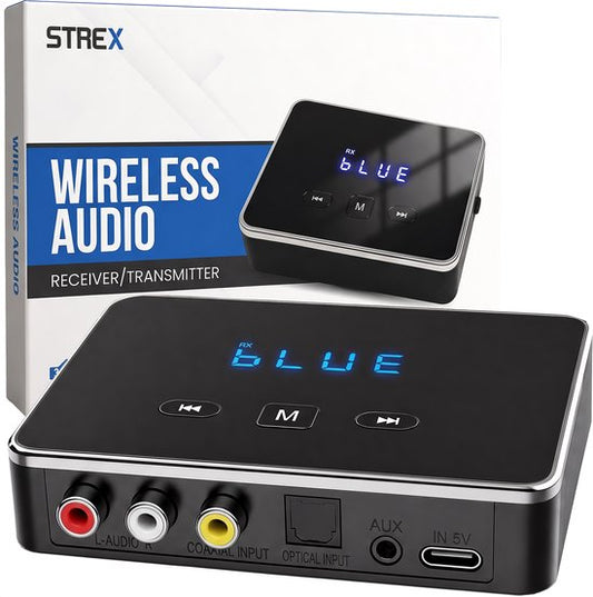 Adaptateur 3-en-1 Strex avec émetteur et récepteur Bluetooth - Émetteur et récepteur audio Bluetooth - Bluetooth 6.0 - AUX/RCA/optique - Sans fil - Portée de 15 mètres