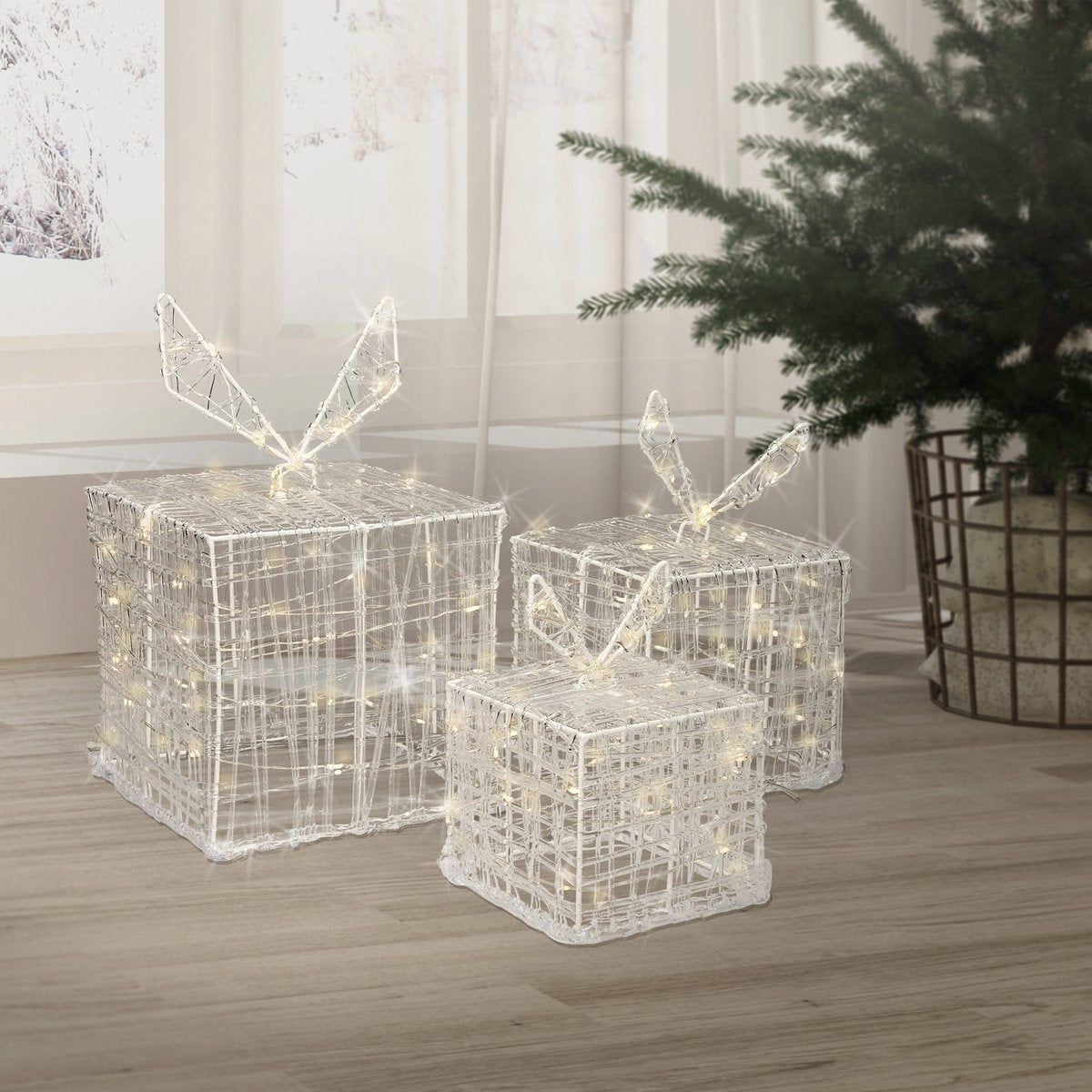 Lot de 3 boîtes cadeaux lumineuses de Noël, 90 LED, Décoration De Noël, Blanc Chaud