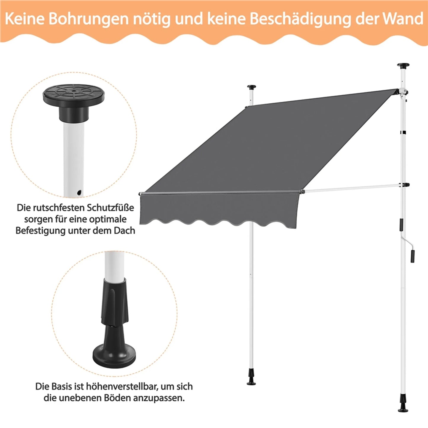 Yaheetech Clamp Sunshade With Hand Crank - With Height Adjustable Telescopic Rods And Water Repellent Cloth And Protective Feet - For Balcony And Terrace - Dark Grey Polyester And Metal - 150 x 180 x 210-300 cm