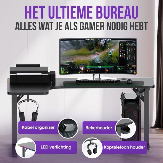 Avalo - Gaming Desk & L-Shaped Corner Desk - 160x100x75 cm - Avec éclairage LED RGB - Porte-gobelet et crochet pour casque - Acier inoxydable & ABS - Noir