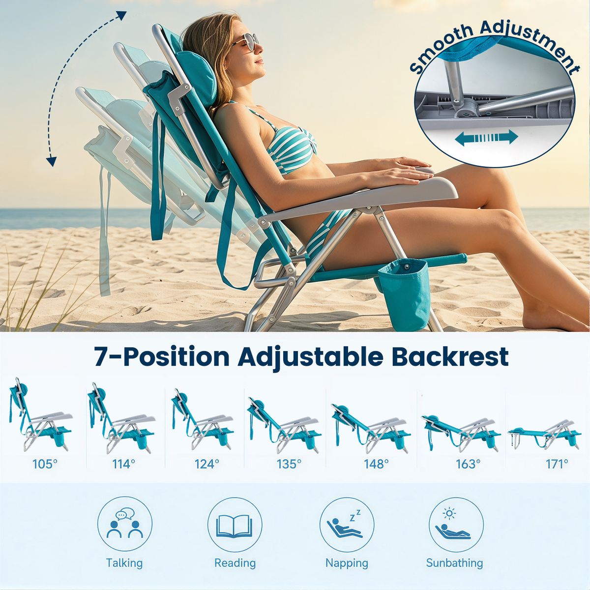 Ensemble de 2 chaises de plage Coast - pliables, avec dossier et appui-tête réglables - turquoise