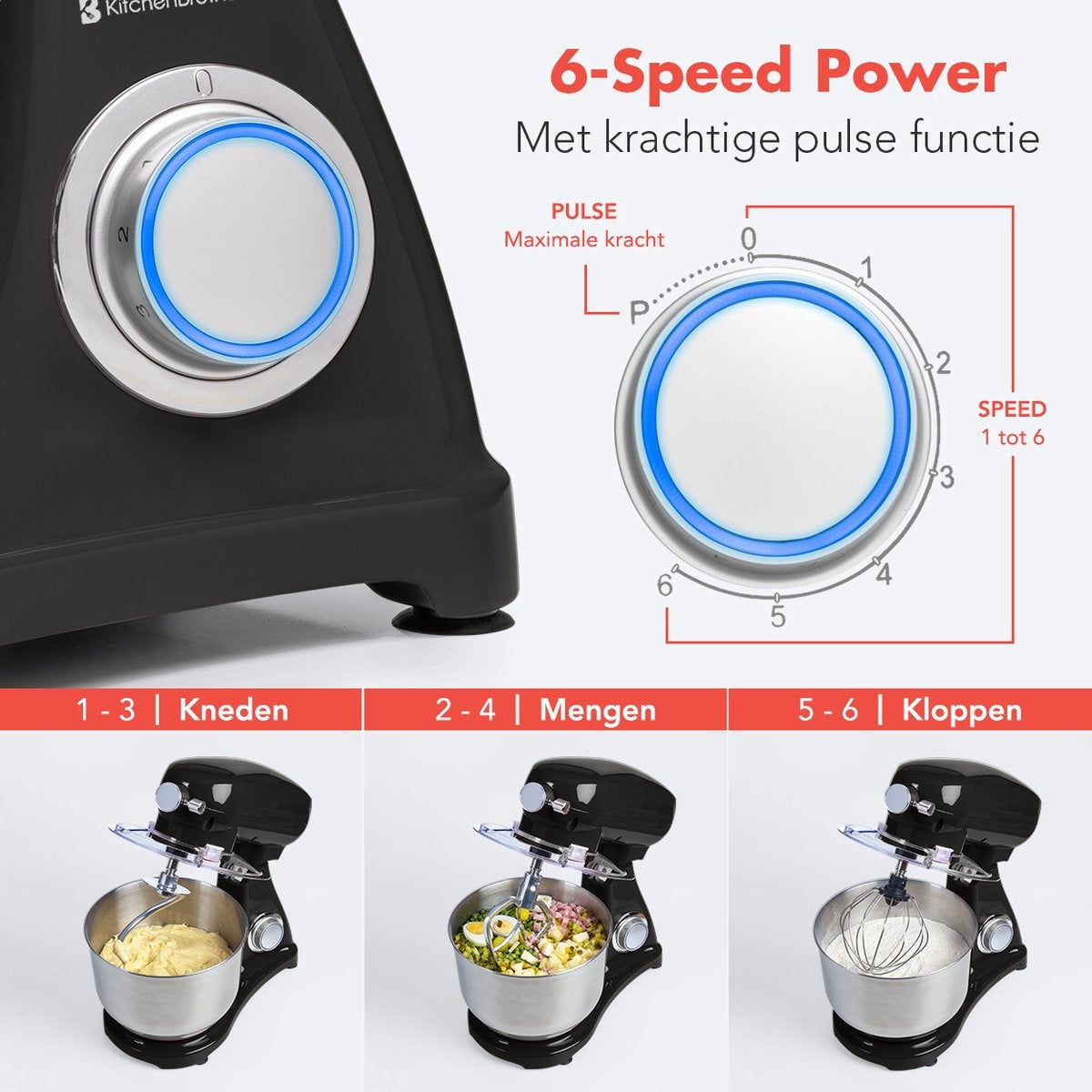 KitchenBrothers Food Processor - Batteur de cuisine avec bol en acier inoxydable de 6L - 1800W - Noir