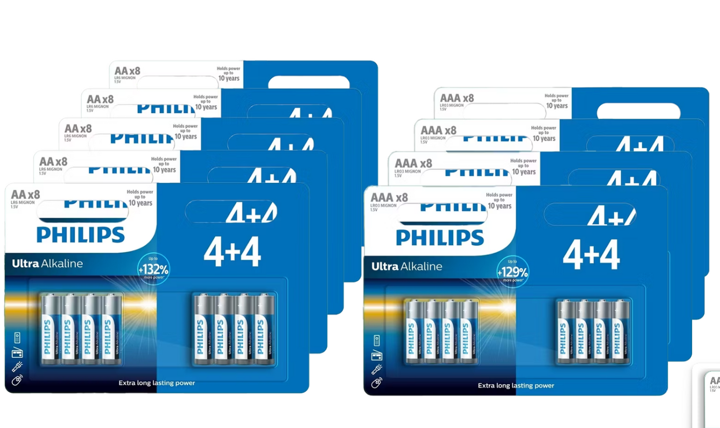 Lot de piles alcalines Philips Ultra - 72 pièces - 40 piles AA LR6 + 32 piles AAA LR03 - 1,5 V alcalines