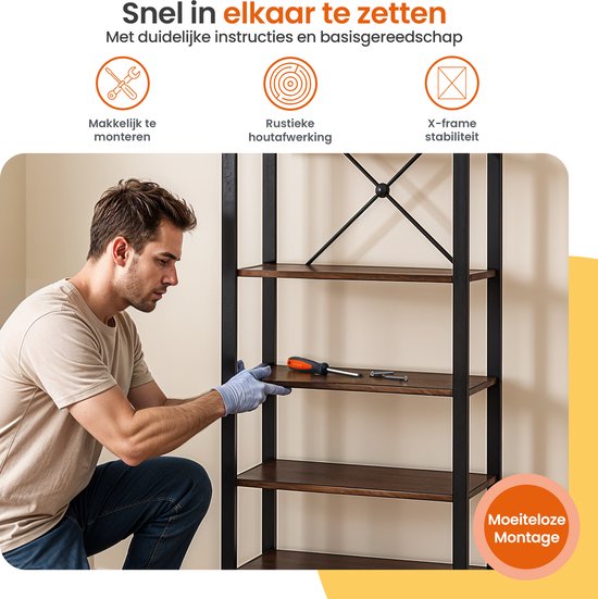 Bibliothèque Goliving - 66 x 30 x 186 cm - 6 niveaux - Meuble de rangement - Meuble mural - Bibliothèque - Meuble d'exposition - Meuble d'étagère - Meuble de salon - Industriel - Marron/Noir