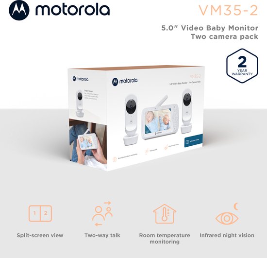 Motorola Nursery VM35-2 - Babyphone avec écran divisé de 5 pouces et 2 caméras - Vision nocturne - Microphone intégré