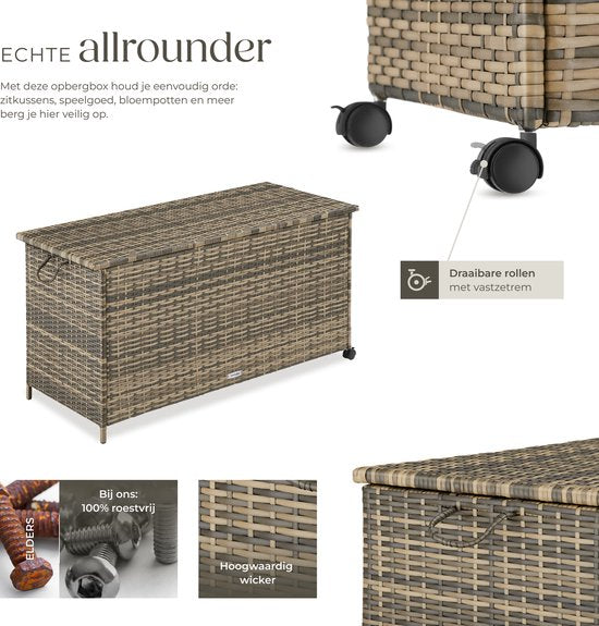Boîte de rangement en osier tectake® - 253 L - Boîte à coussins d'extérieur - Coffre de jardin - 116 x 54 x 64 cm - Résistant aux intempéries et verrouillable avec couvercle - Mobile - Comprend 2 poignées, 2 roues avec frein et ressorts à gaz - Coffre de