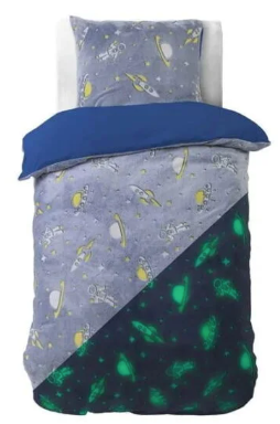Sleeptime - Housse de couette Space Glow in the dark - 140X200/220 + 1 x taie d'oreiller 60x70 - Bleu