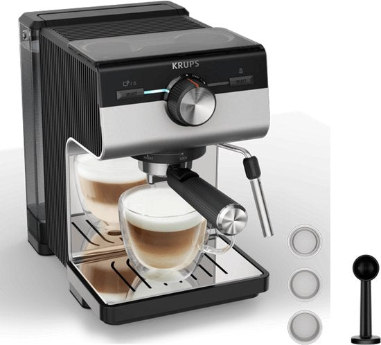 Machine à piston Krups Authentic XP384E10 - Machine à expresso - 15 bars - Système Thermoblock - Acier inoxydable - Buse à vapeur incluse - Compatible avec le café moulu et les dosettes ESE