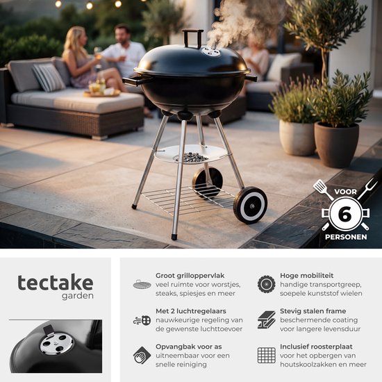 Barbecue au charbon de bois tectake® - Barbecue sphérique - Plaque de cuisson Ø 41,5 cm - Barbecue à 2 roues - Fumoir avec couvercle - Rond - Noir - Métal