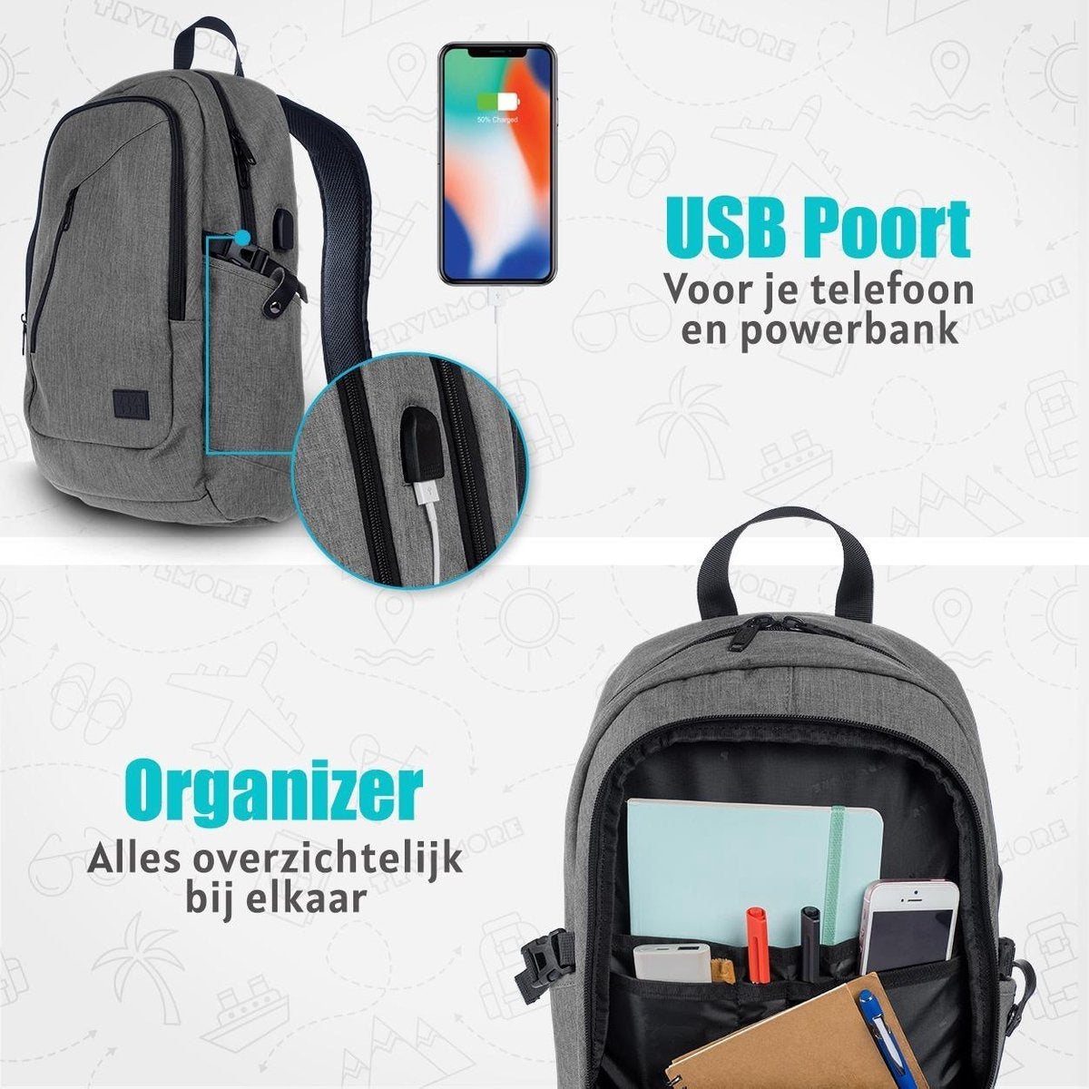 TRVLMORE Sac à dos - 25L - 15.6 inch - Sac à dos pour ordinateur portable - Sac d'école - Unisexe - Gris anti-éclaboussures