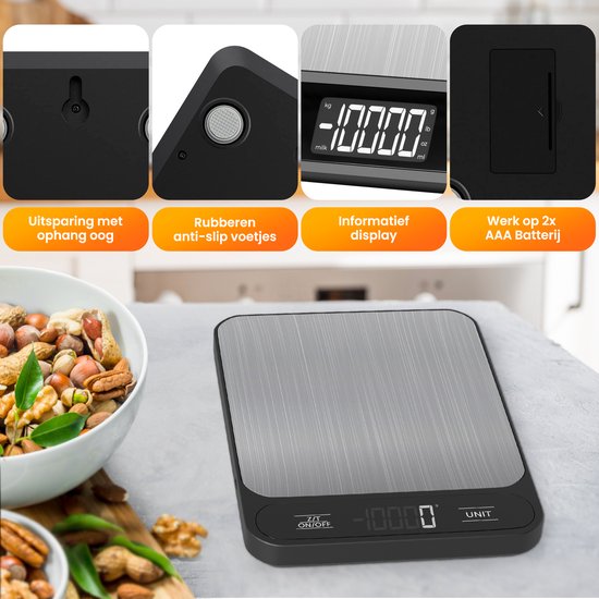 Balance de Cuisine Digitale Strex - Balance de Cuisine - 1 g à 10 kg - Fonction Tare - Piles Incluses - Inox/Noir