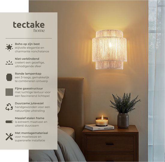 tectake® Lampe murale Lignea Lux - 40W - 12 x 23 x 25,5 cm - E14 - Lampe murale pour le salon, la chambre à coucher, la salle à manger - Lampe en toile de jute de style boho - Eclairage d'escalier - Semi-circulaire