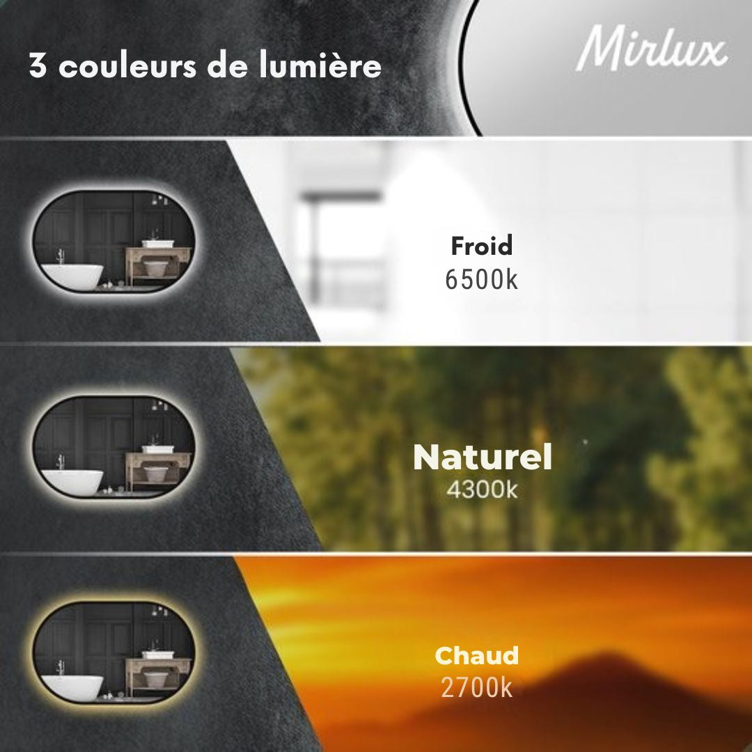 Miroir de salle de bain ovale - Mirlux - 90x60 cm - Eclairage et chauffage LED - anti-buée - Noir
