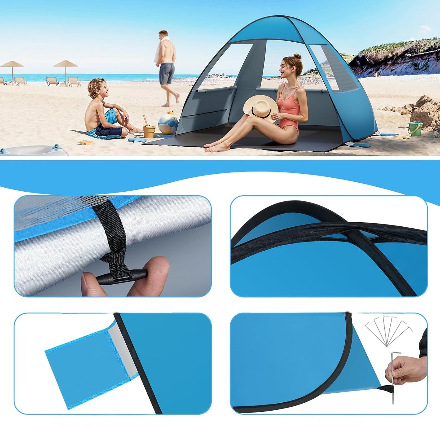 Tente de plage pop-up Woltu - Bleu - 200 x 150 x 120 cm