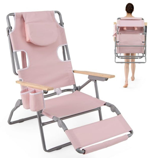 Chaise de plage pliable Coast 66 x 149 x 56 cm - 3-en-1 - Repose-pieds/ouverture au niveau du visage - Rose